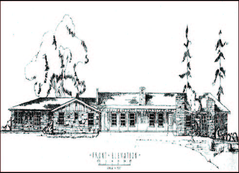 South elevation, original lodge, as depicted in Master Recreation Plan, Conchas Dam Project, Corps of Engineers, Albuquerque District, May 1947, Plate No. 10. The drawing is signed, Melvin Faust.